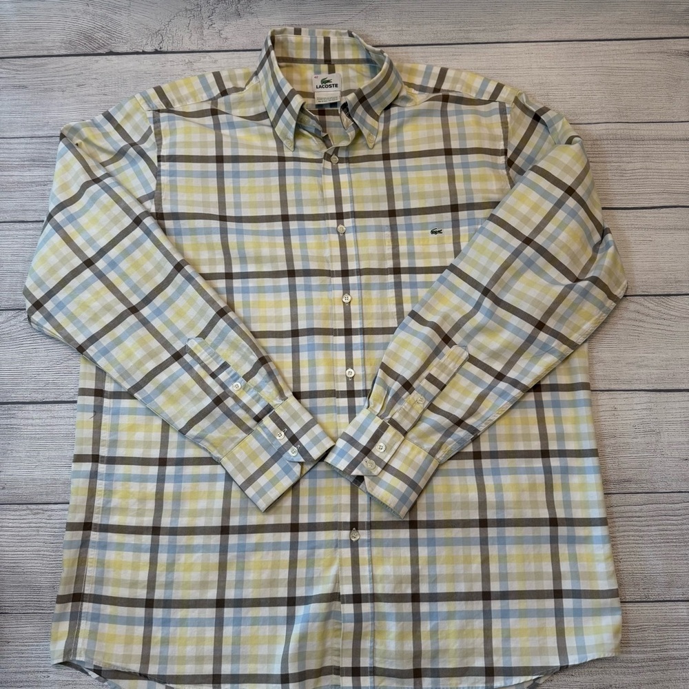 Lacoste Men's Yellow and Brown Plaid Button Down Shirt